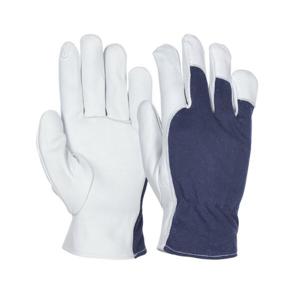 WorkLife Technic Blue Größe: 7-11, Ziegenlederhandschuh mit blauem Baumwollrücken, Gummizug im Handrücken, ungefüttert