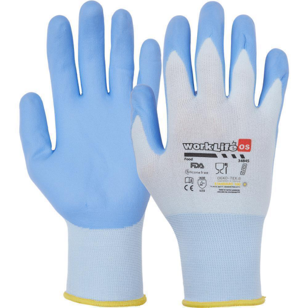 WorkLife Food Größe: 10, Nylon/Elasthan Feinstrickhandschuh mit blauer Nitrilbeschichtung, Handrücken frei, Lebensmittelzulassung