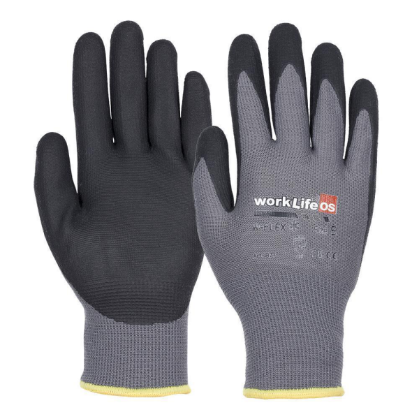 WorkLife W-Flex Größe: 8-11, Polyester Feinstrickhandschuh, innen leicht Acrylgefüttert, nitrilbeschichtete Handfläche, Handrücken frei
