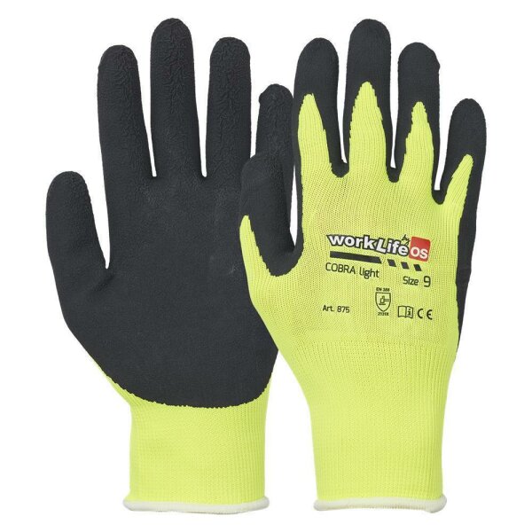 WorkLife Cobra Light Größe: 9, Nylon Feinstrickhandschuh, leuchtgelb mit schwarzer Latexbeschichtung, Handrücken frei, Strickbund