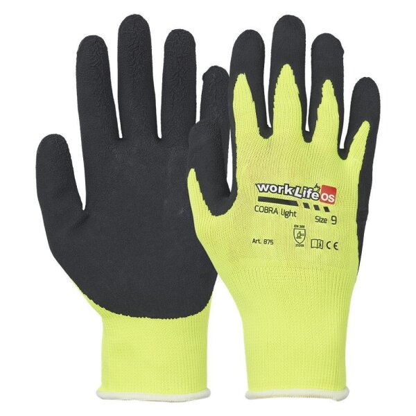 WorkLife Cobra Light Größe: 10, Nylon Feinstrickhandschuh, leuchtgelb mit schwarzer Latexbeschichtung, Handrücken frei, Strickbund