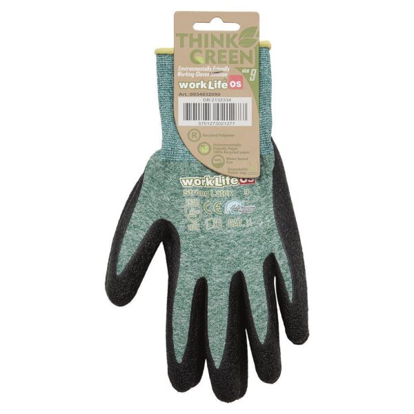Think green Strong Latex Größe: 9-11, RPET/Polyester Feinstrickhandschuh mit kräftiger Latexschaumbeschichtung, Handrücken frei, Strickbund