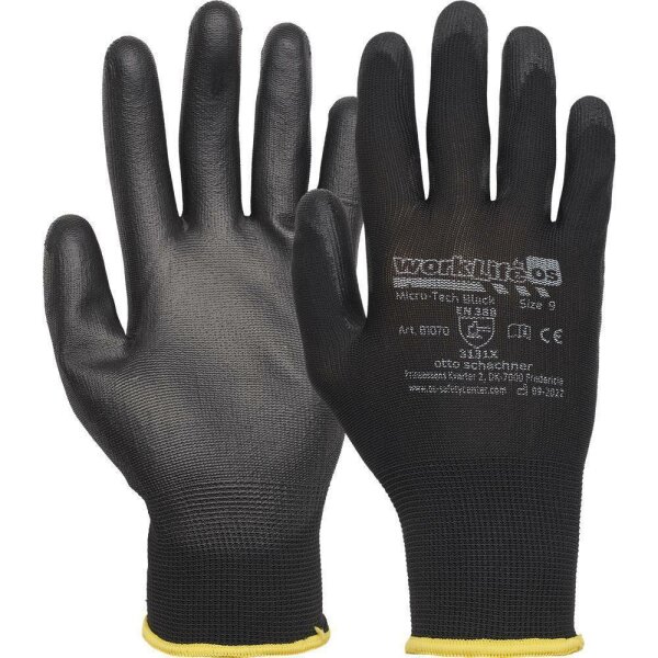 WorkLife Micro Tech Black Größe: 7-11, Schwarzer Polyesterfeinstrickhandschuh, 13 gauge mit schwarzer PU Beschichtung, Handrücken frei, Strickbund