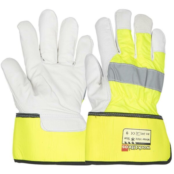 WorkLife Winter HiViz Größe: 9-12, Ziegenlederhandschuh mit wasserabweisendem Nylonhandrücken in leuchtgelb, innen komplett moltongefüttert, Reflexstreifen im Handrücken