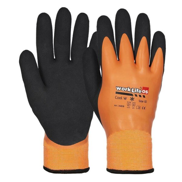WorkLife Cool W Größe: 10, Polyesterstrickhandschuh, orange mit doppelter Latexbeschichtung in der Innenhand und Einfachbeschichtung auf dem Handrücken, innen gefüttert