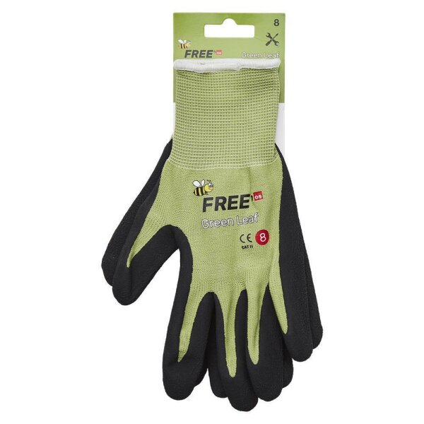 Bee free Green Leaf Größe: 7-10, Polyesterfeinstrickhandschuh, grün mit schwarzer Latexbeschichtung, Handrücken frei, Strickbund