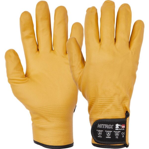 WorkLife Nitrix Größe: 8, Nylonhandschuh mit kompletter, gelber Nitrilbeschichtung, Klettverschluss, innen komplett moltongefüttert, Schnittschutzklasse B