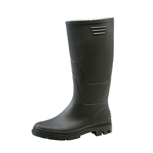 PVC Stiefel, schwarz, Schwarzer PVC Stiefel, rutschfeste Sohle mit Profilmuster, Griffmulde im Schaft für leichteres Anziehen, Gr. 38-47